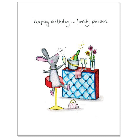 happy,birthday,lovely,person,champagne,drinking,alcohol,celebrate,rabbit,flowers,greeting,gift,note,cockadoodle,uk