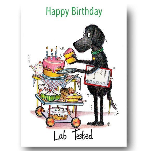 greeting,card,happy,birthday,lab,Tested,dog,black,cake,colour,tea,fun,humour,gift,chocolate,icing,cherry,slice,candles,compostheap,compost,heap,compost,UK