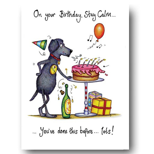 greeting,card,happy,birthday,stay,calm,black,dog,blowing,candles,presnets,cake,candles,lots,compost,heap,compostheap,compUK