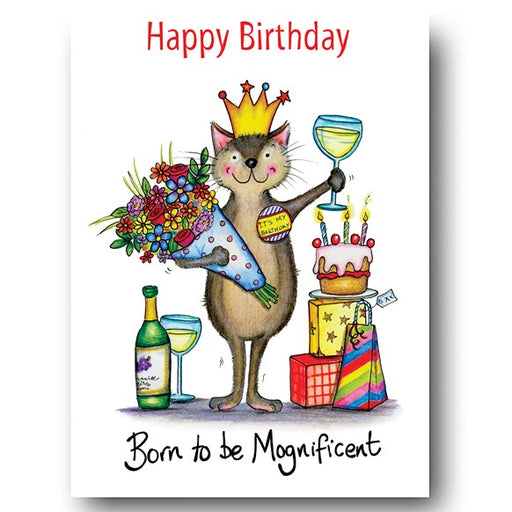 greeting,card,happy,birthday,mognificent,cat,alcohol,cake,colour,presents,crown,fun,humour,gift,flowers,icing,cherry,slice,candles,compostheap,compost,heap,compost,UK