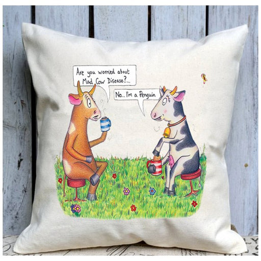cushion,cushions,large,mad,cow,disease,fun,humour,colourful,gift,present,cotton,woven,home,UK
