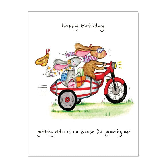 happy,birthday,getting,older,no,excuse,for,growing,up,celebrate,presents,motorbike,hare,greeting,card,cockadoodle,uk